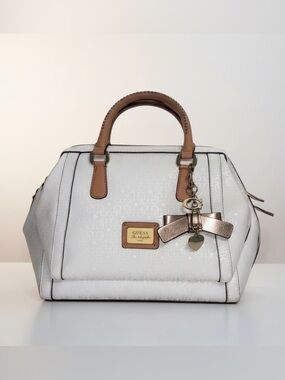 Guess white bag top handles with rose gold details with embossed G logos